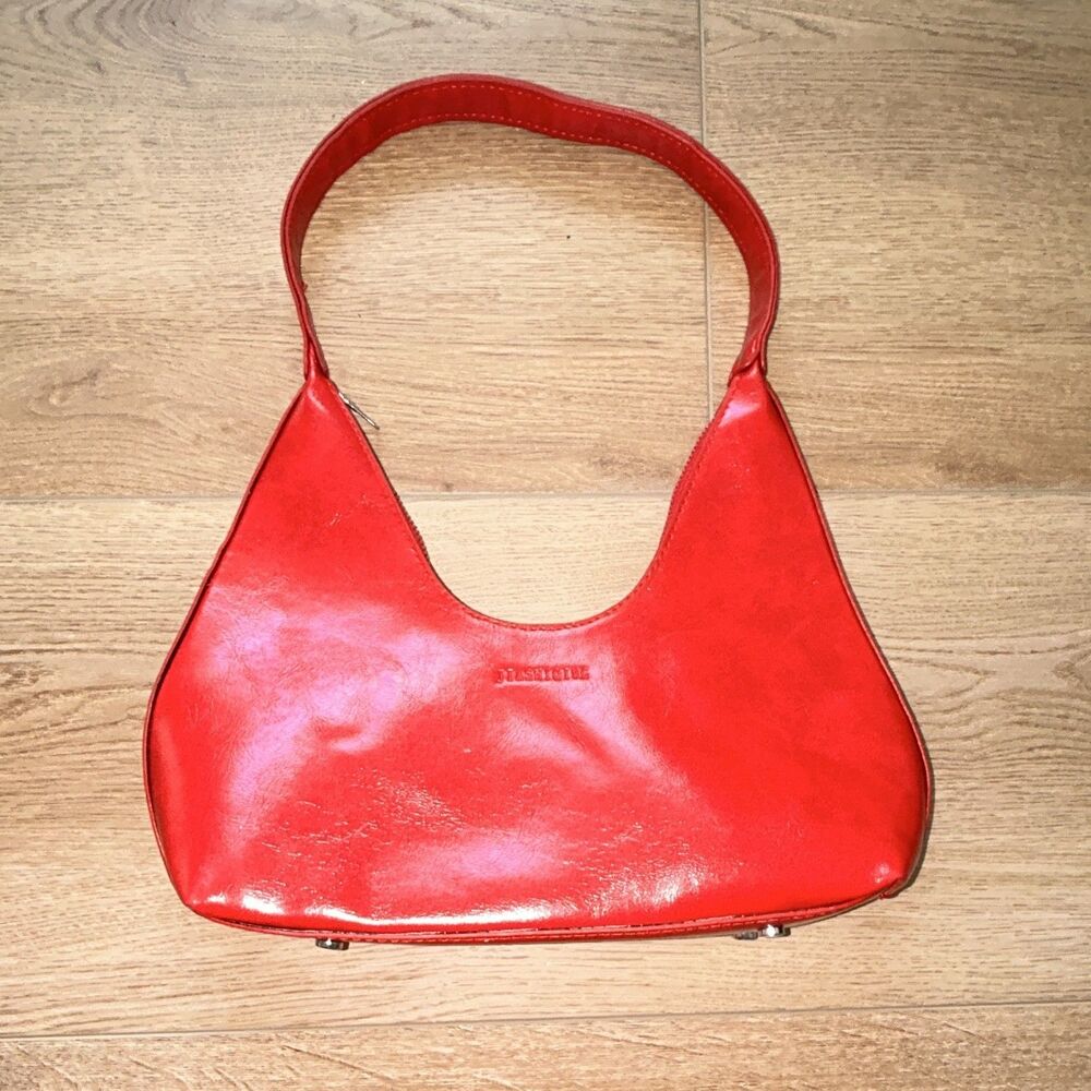 JASHIQUE Red Leather Crescent Shoulder Bag Zip Closure Silver Hardware